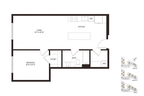 Floor plan for 1 bed, 1 bath, 744 sqft